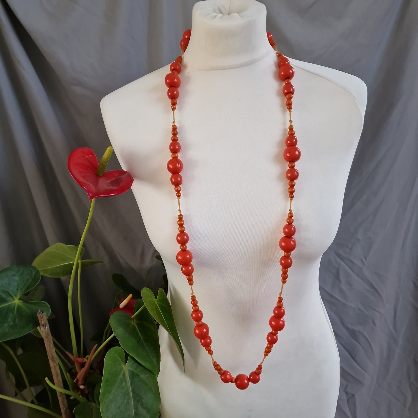 Long orange wooden bead necklace